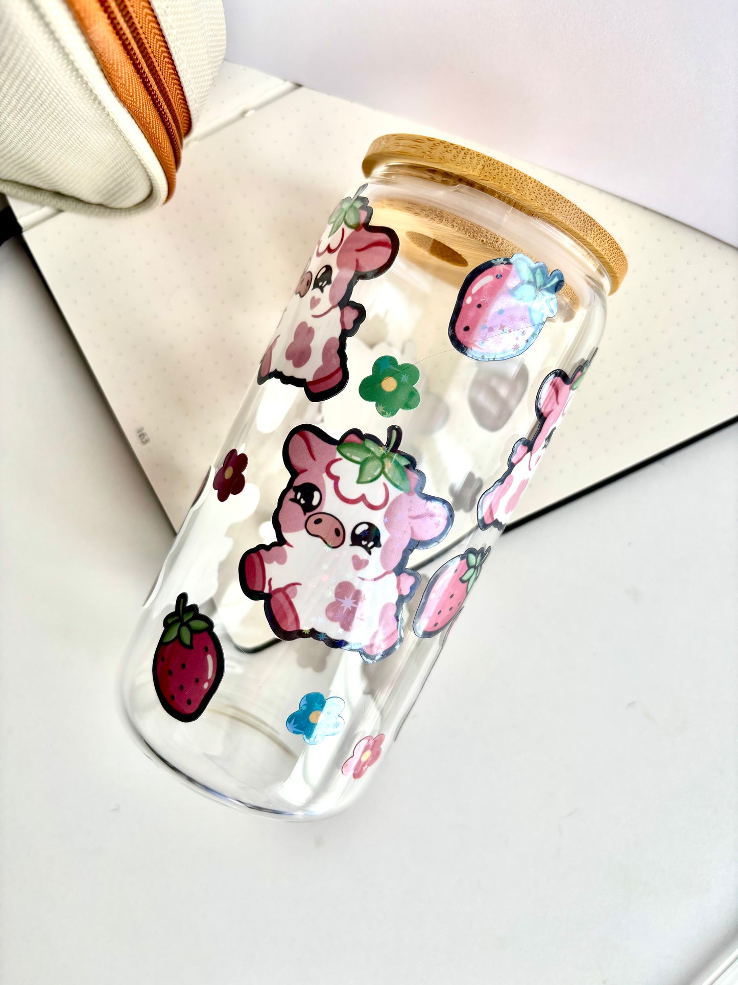 Sparkly Strawberry Cow Glass Cup