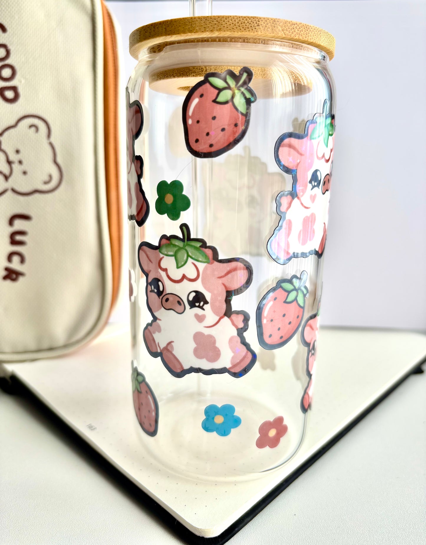 Sparkly Strawberry Cow Glass Cup