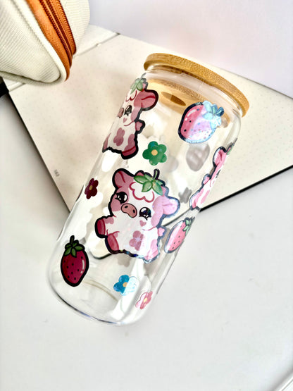 Sparkly Strawberry Cow Glass Cup