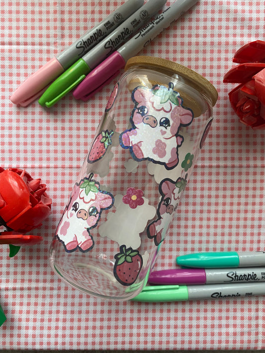 Sparkly Strawberry Cow Glass Cup