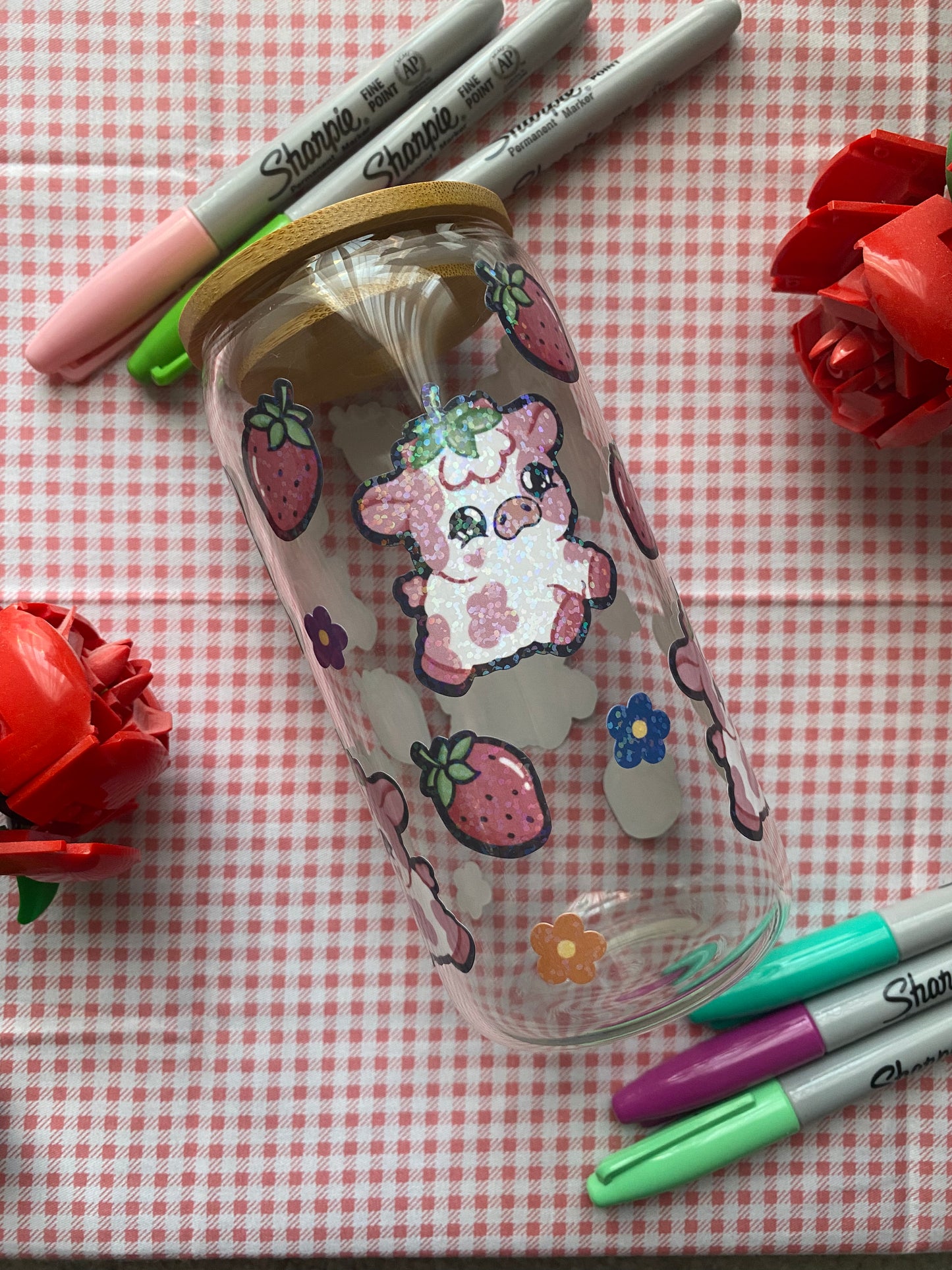 Sparkly Strawberry Cow Glass Cup